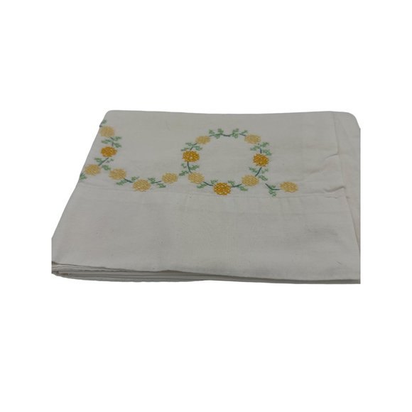 Vintage Yellow Embroidered Cross Stitch Pillow Cases Floral Circles "Hers" - Picture 3 of 6